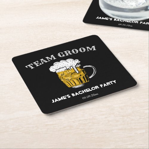 Bold Black and White Team Groom Bachelor Party  Square Paper Coaster