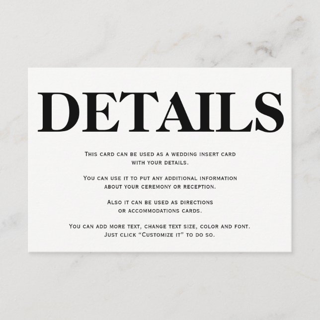 Bold black and white typography wedding details enclosure card (Front)