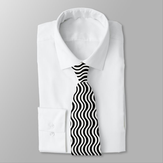 Bold Black and White Wavy Abstract Neck Tie (Tied)