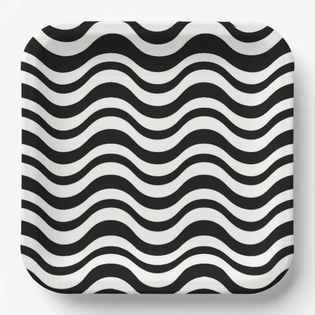 Bold Black and White Wavy Abstract Paper Plates (Front)