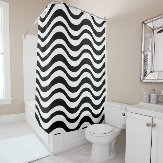 Bold Black and White Wavy Abstract Shower Curtain (In Situ)