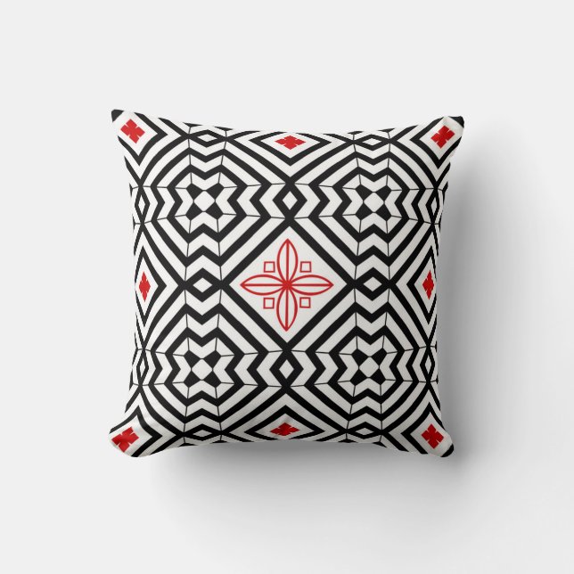 Bold Black and White with Red Pattern Pillow (Front)