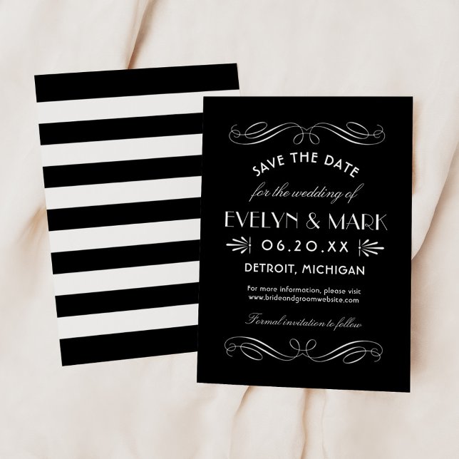 Bold Black Art Deco Flourish Wedding Save The Date (Creator Uploaded)