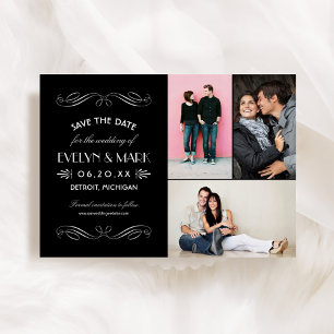 Bold Black Art Deco Three Photo Wedding Save The Date