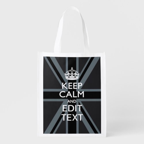 Bold Black Black  Keep Calm Your Text Union Jack Reusable Grocery Bag