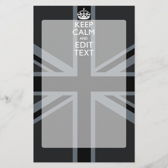 Bold Black Black  Keep Calm Your Text Union Jack Stationery (Front)