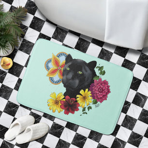 Bold Black Botanical Floral Panther Illustration Bath Mat