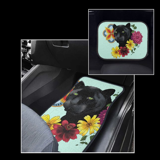 Bold Black Botanical Floral Panther Illustration  Car Floor Mat (Creator Uploaded)