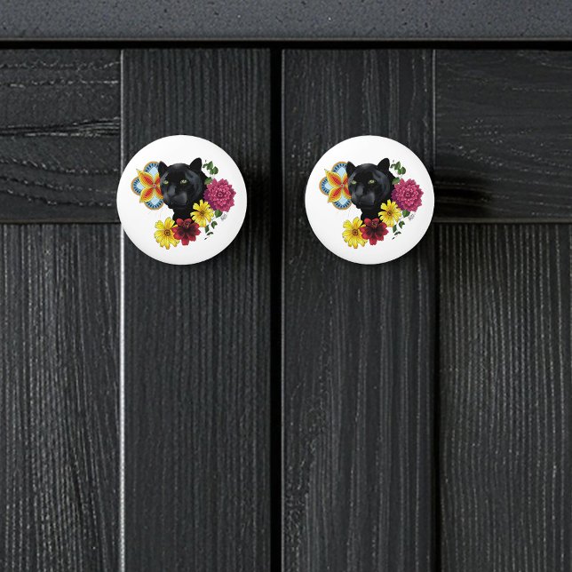 Bold Black Botanical Floral Panther Illustration Ceramic Knob (Creator Uploaded)