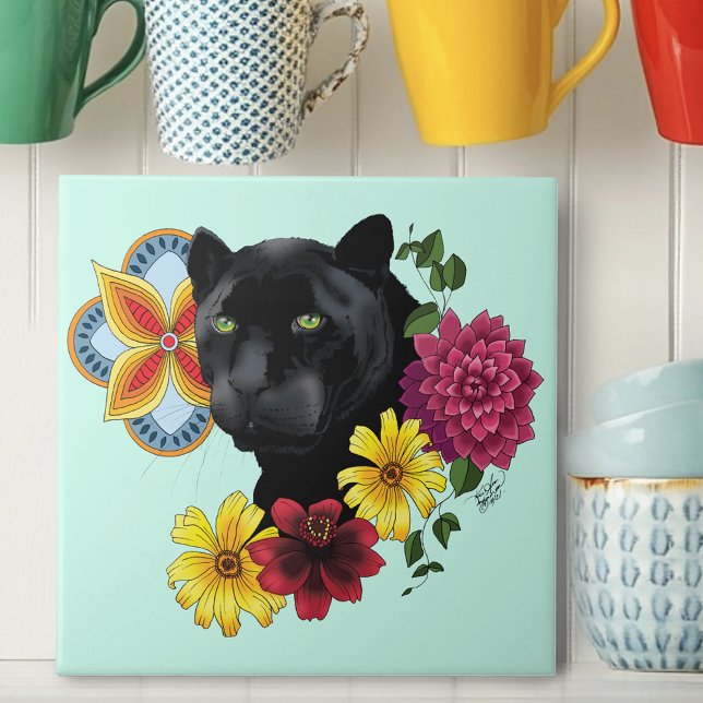 Bold Black Botanical Floral Panther Illustration Ceramic Tile (Creator Uploaded)