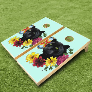 Bold Black Botanical Floral Panther Illustration Cornhole Set