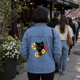 Bold Black Botanical Floral Panther Illustration Denim Jacket