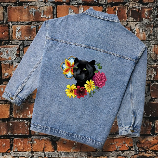 Bold Black Botanical Floral Panther Illustration Denim Jacket (Creator Uploaded)