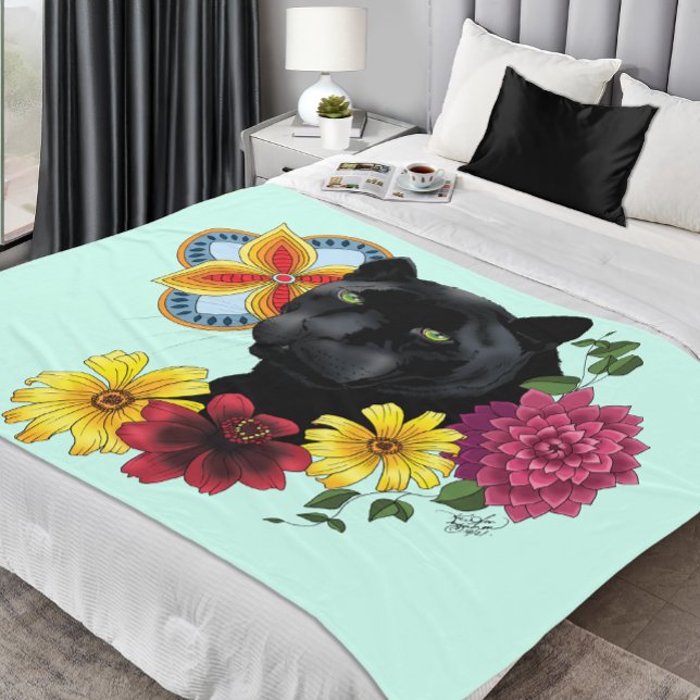 Bold Black Botanical Floral Panther Illustration  Fleece Blanket (Creator Uploaded)