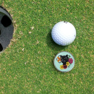 Bold Black Botanical Floral Panther Illustration Golf Ball Marker