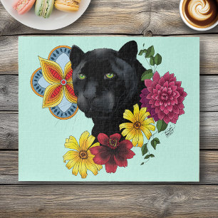 Bold Black Botanical Floral Panther Illustration Jigsaw Puzzle
