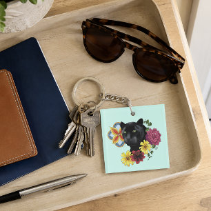 Bold Black Botanical Floral Panther Illustration Keychain