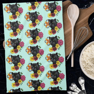 Bold Black Botanical Floral Panther Illustration Kitchen Towel