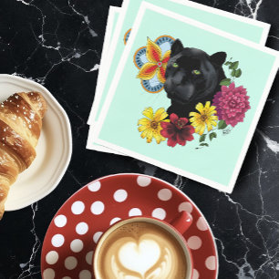 Bold Black Botanical Floral Panther Illustration Napkins