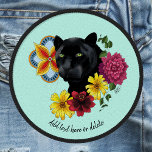Bold Black Botanical Floral Panther Illustration Patch<br><div class="desc">A majestic black panther surrounded by a vibrant arrangement of flowers and decorative elements. The panther’s sleek black fur and piercing green eyes create a powerful focal point, while colorful blooms—yellow daisies, deep red flowers, and a lush pink dahlia—add warmth and contrast. A bold mandala-style floral motif sits behind the...</div>