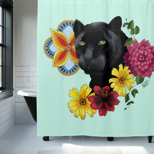 Bold Black Botanical Floral Panther Illustration Shower Curtain