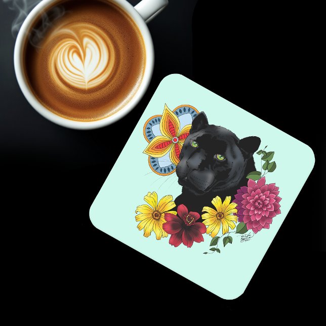 Bold Black Botanical Floral Panther Illustration Square Paper Coaster (Creator Uploaded)