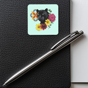 Bold Black Botanical Floral Panther Illustration Square Sticker