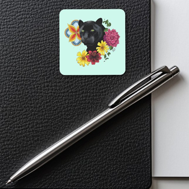 Bold Black Botanical Floral Panther Illustration Square Sticker (Creator Uploaded)