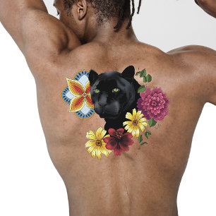 Bold Black Botanical Floral Panther Illustration Temporary Tattoos