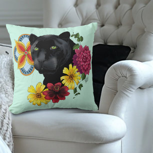 Bold Black Botanical Floral Panther Illustration Throw Pillow