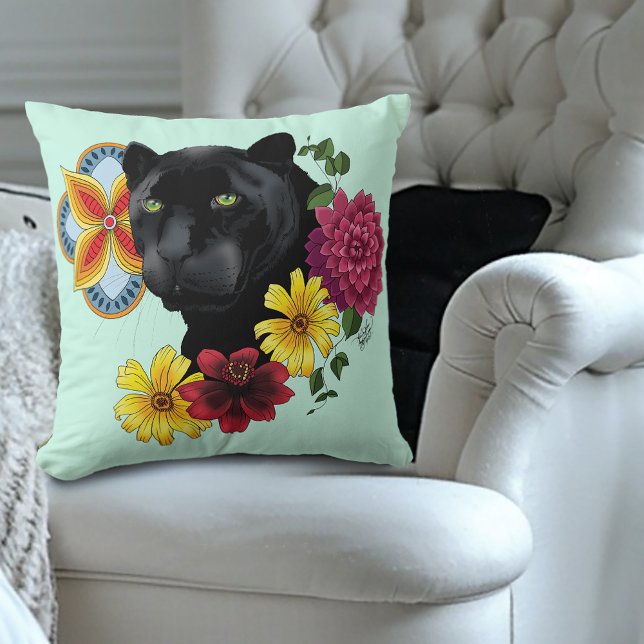 Bold Black Botanical Floral Panther Illustration Throw Pillow (Creator Uploaded)