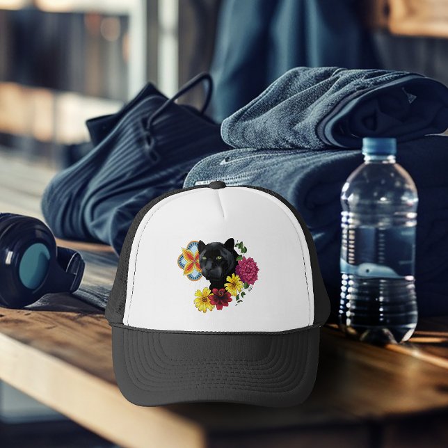 Bold Black Botanical Floral Panther Illustration Trucker Hat (Creator Uploaded)