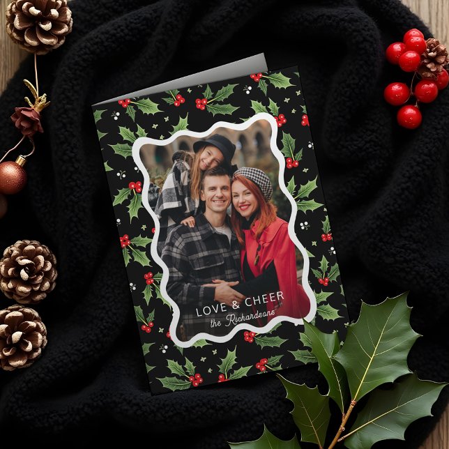Bold Black Christmas Holly Wavy Frame Photo Holiday Card (Creator Uploaded)