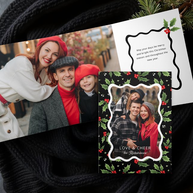 Bold Black Christmas Holly Wavy Frame Photo Tri-Fold Card (Creator Uploaded)