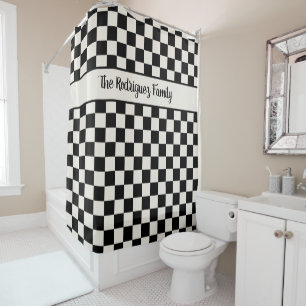 Bold Black Cream Checkered Pattern Custom Name Shower Curtain