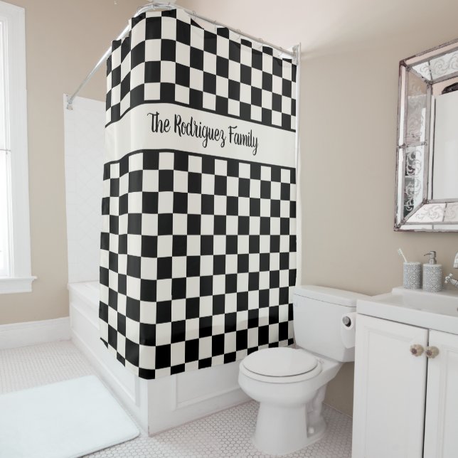 Bold Black Cream Checkered Pattern Custom Name Shower Curtain (In Situ)
