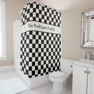 Bold Black Cream Checkered Pattern with Name Shower Curtain