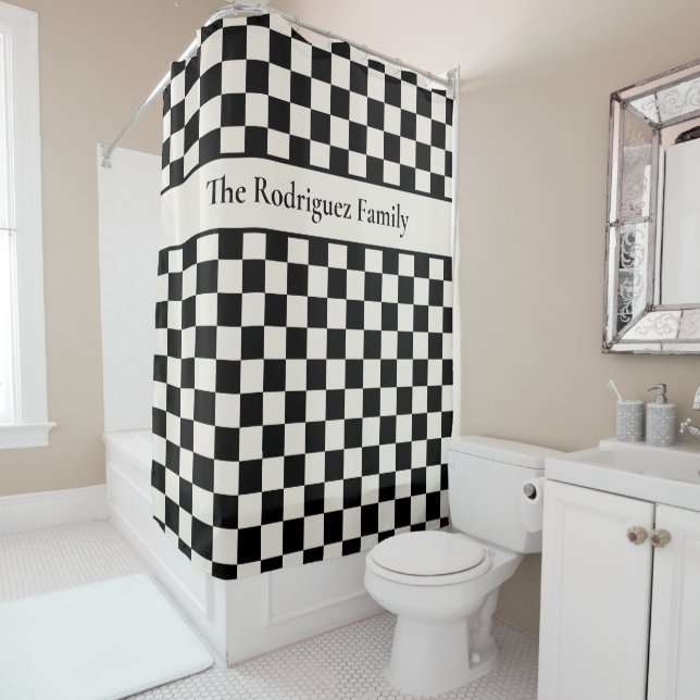 Bold Black Cream Checkered Pattern with Name Shower Curtain (In Situ)
