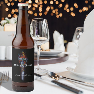 Bold Black Fantasy Dragon Sword Red Roses Beer Bottle Label