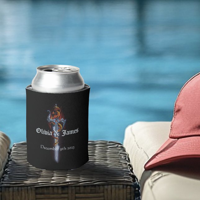 Bold Black Fantasy Dragon Sword Red Roses Can Cooler (Creator Uploaded)