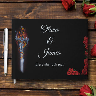 Bold Black Fantasy Dragon Sword Red Roses Guest Book