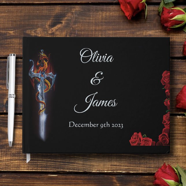 Bold Black Fantasy Dragon Sword Red Roses Guest Book (Creator Uploaded)
