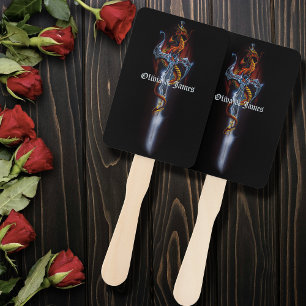 Bold Black Fantasy Dragon Sword Red Roses Hand Fan