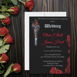 Bold Black Fantasy Dragon Sword Red Roses Invitation