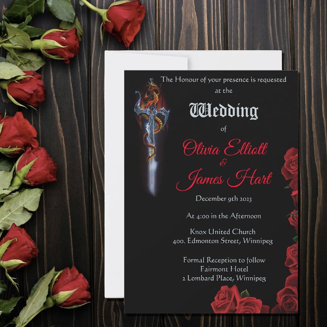 Bold Black Fantasy Dragon Sword Red Roses Invitation (Creator Uploaded)