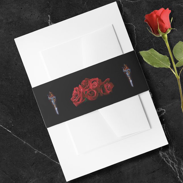 Bold Black Fantasy Dragon Sword Red Roses  Invitation Belly Band (Creator Uploaded)