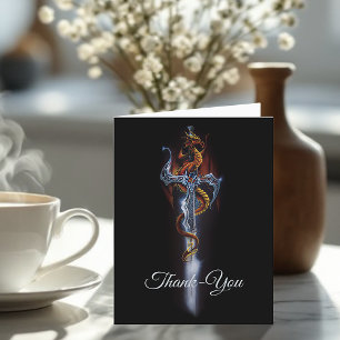 Bold Black Fantasy Dragon Sword Red Roses Letterpress Thank You Card