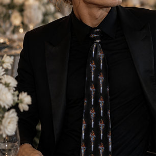 Bold Black Fantasy Dragon Sword Red Roses Neck Tie