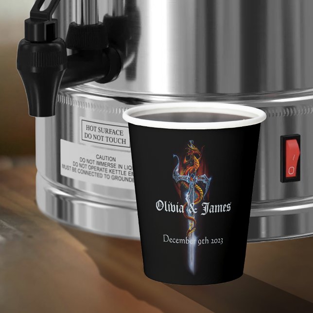 Bold Black Fantasy Dragon Sword Red Roses Paper Cups (Creator Uploaded)