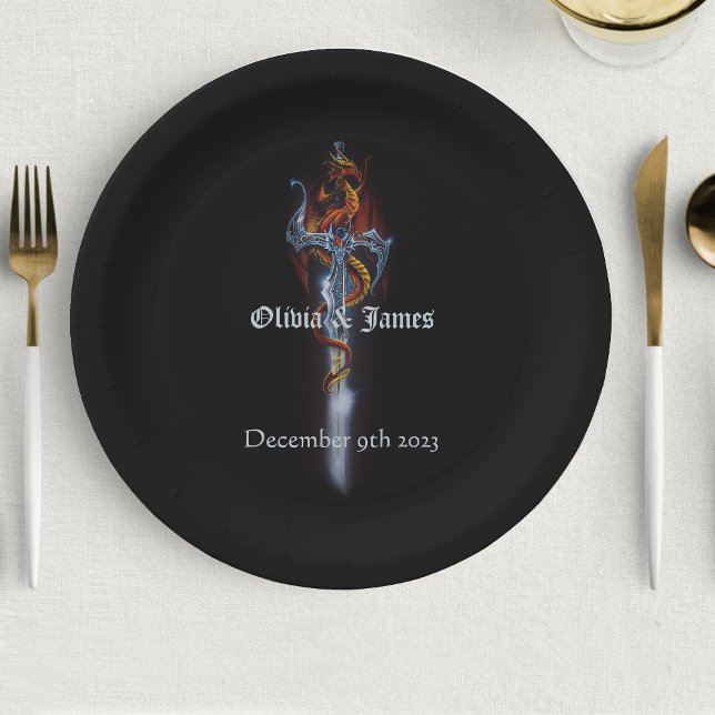 Bold Black Fantasy Dragon Sword Red Roses Paper Plates (Creator Uploaded)